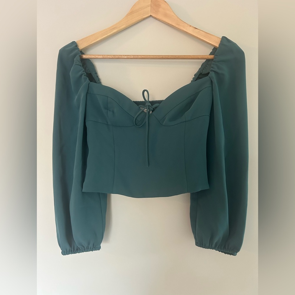 Aritzia Wilfred Novella Blouse Teal Long Sleeve Crop Top